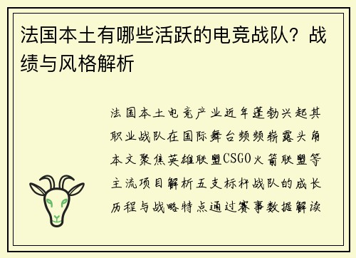 法国本土有哪些活跃的电竞战队？战绩与风格解析